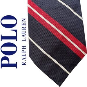 👔Diagonally Striped Navy Blue with Red & White Neck Tie by Polo by Ralph Lauren